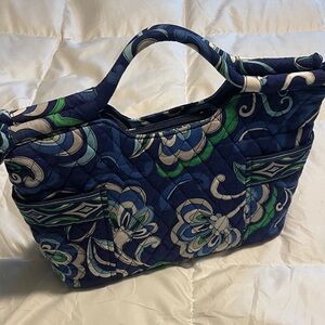 Vera Bradley Quilted Navy Floral Scroll Small Tote with Green and White Accents